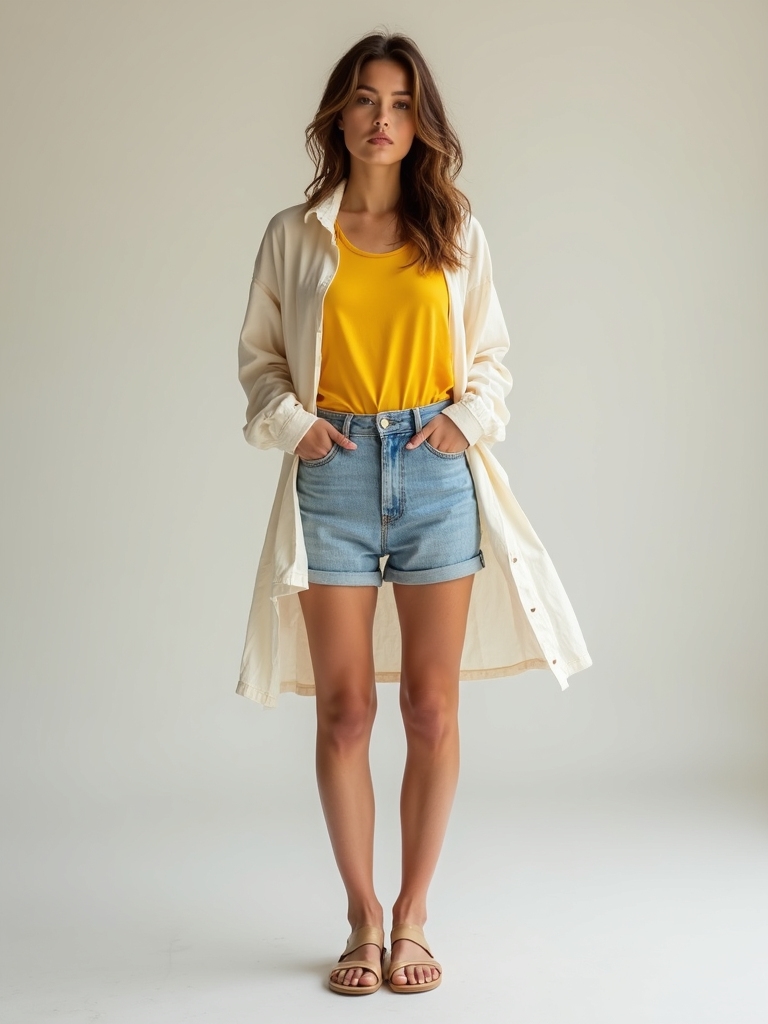 denim shorts and bright tees