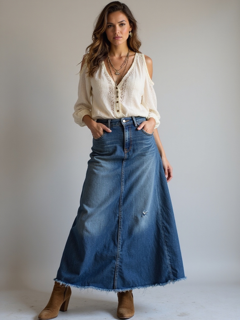 boho maxi jean skirt styles