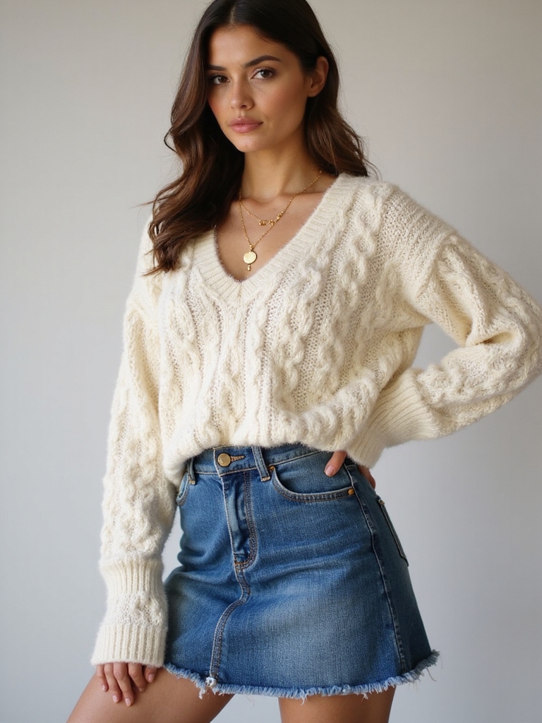 jean skirts and cozy sweaters