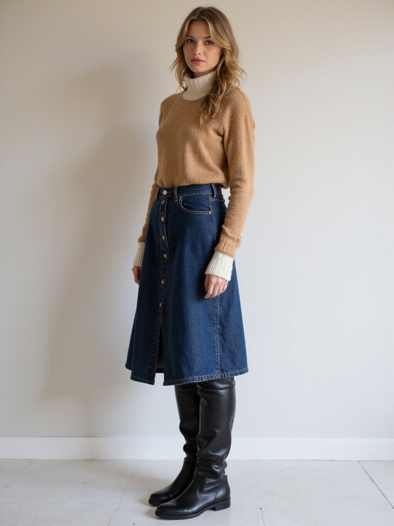 jean skirts with tall boots