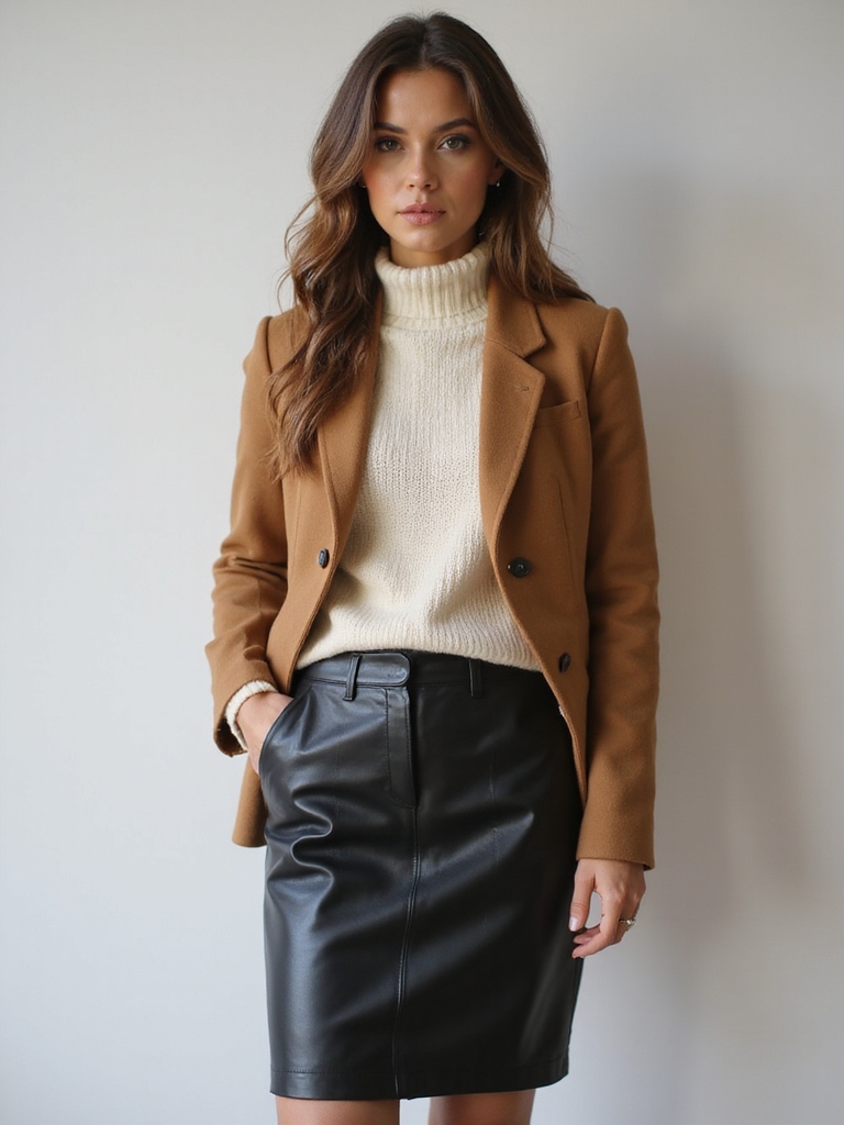 leather skirt turtleneck blazer