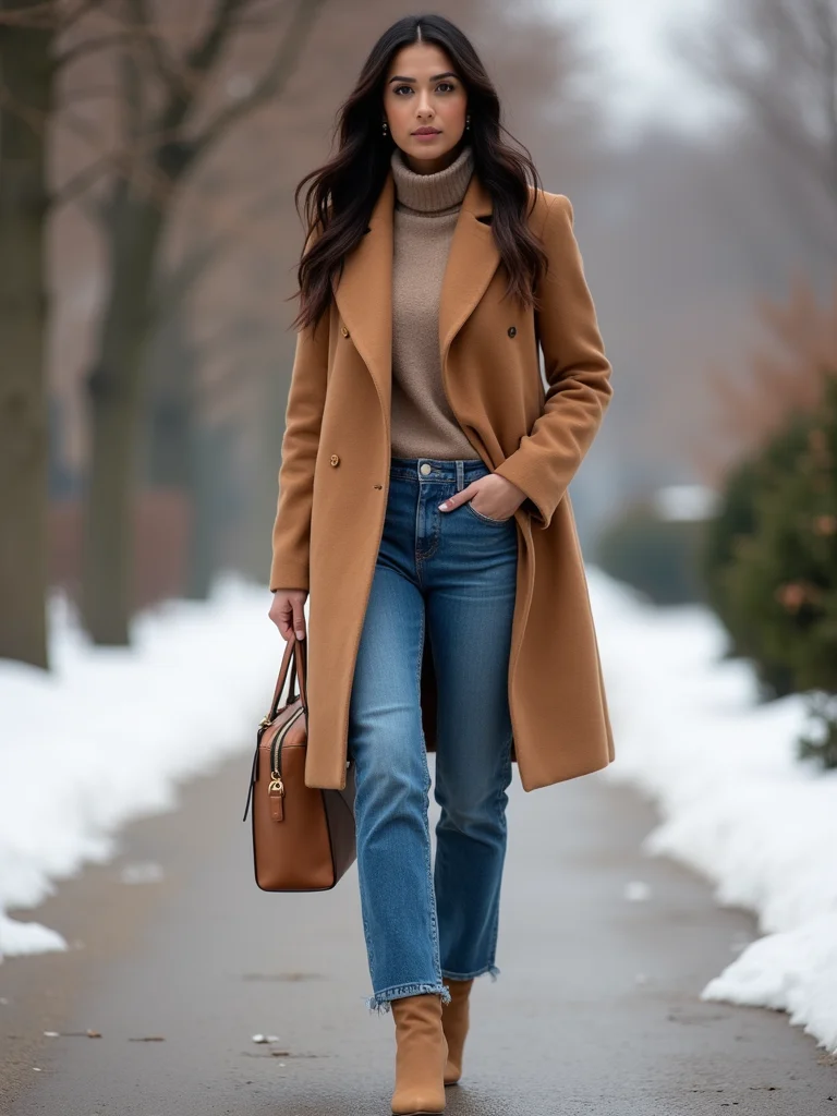 tailored wool coat with denim