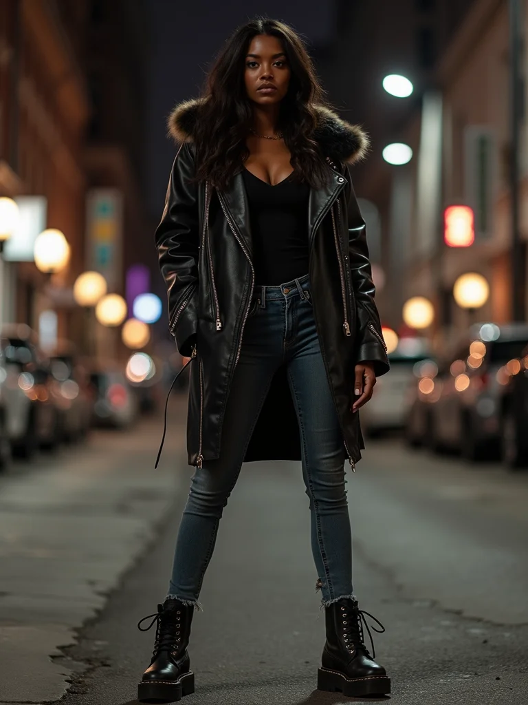 faux leather moto with chunky boots