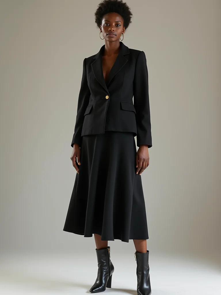 structured blazer flowing skirt