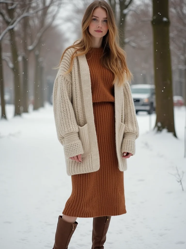 chunky cardigan with midi skirt