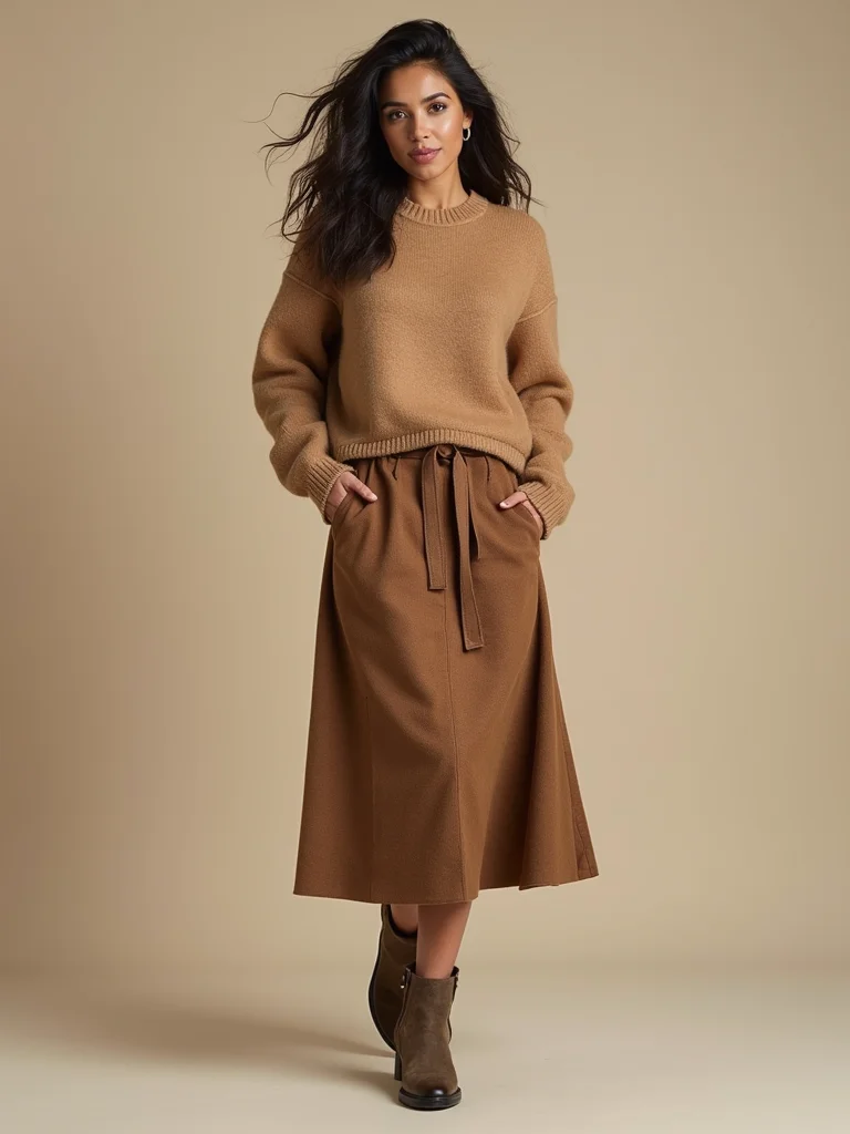 cashmere sweater with midi skirt
