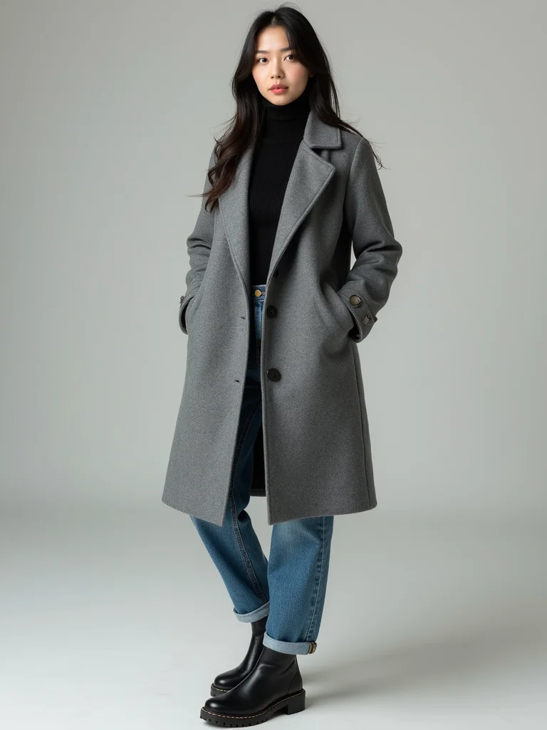 tailored coat with baggy jeans