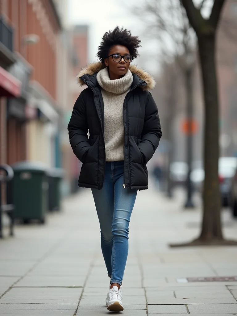 puffer jacket slim jeans sneakers
