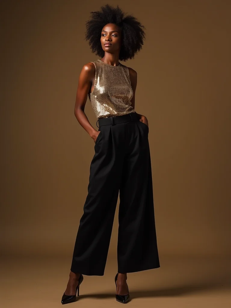 sequin top tailored trousers