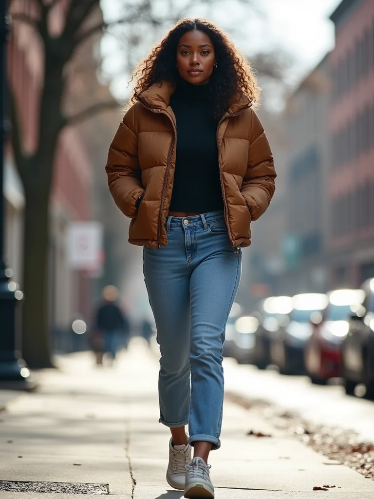 cropped puffer high rise jeans