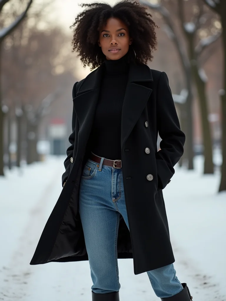 tailored coat turtleneck jeans