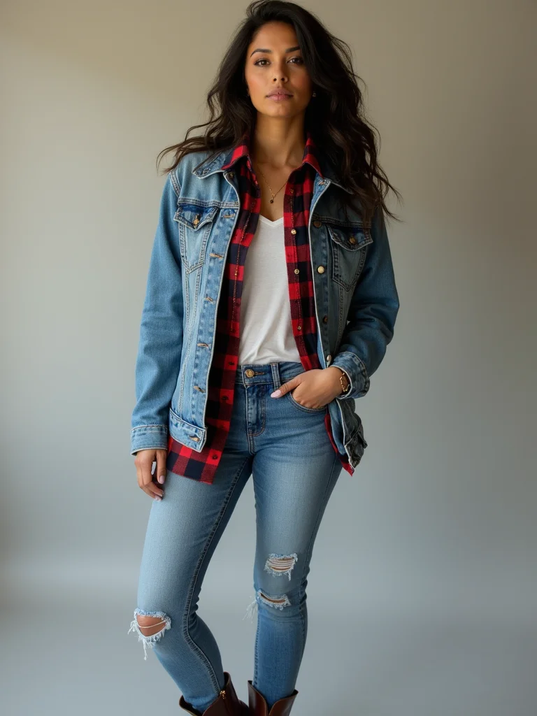 denim layered flannel tee