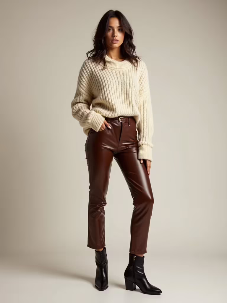 glossy brown leather look pants