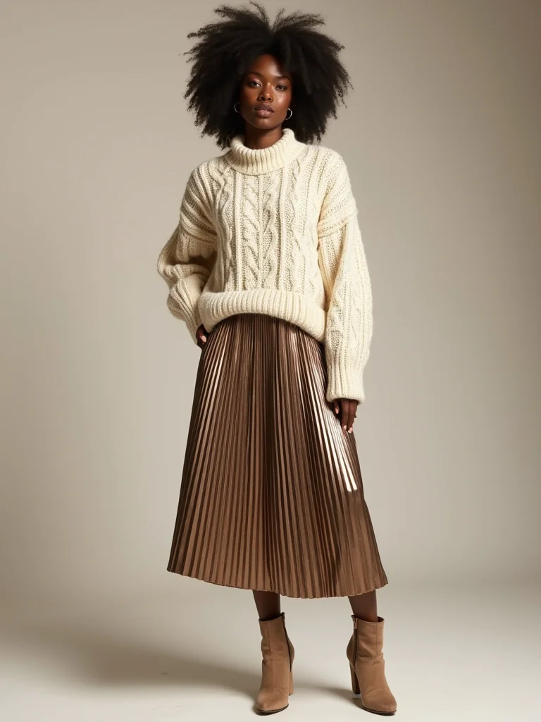 metallic midi with chunky knit