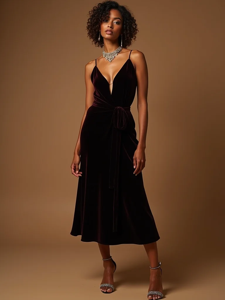 velvet midi with statement jewelry