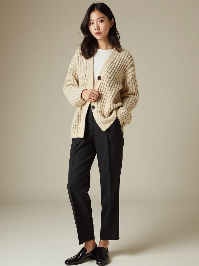 chunky cardigan tailored trousers