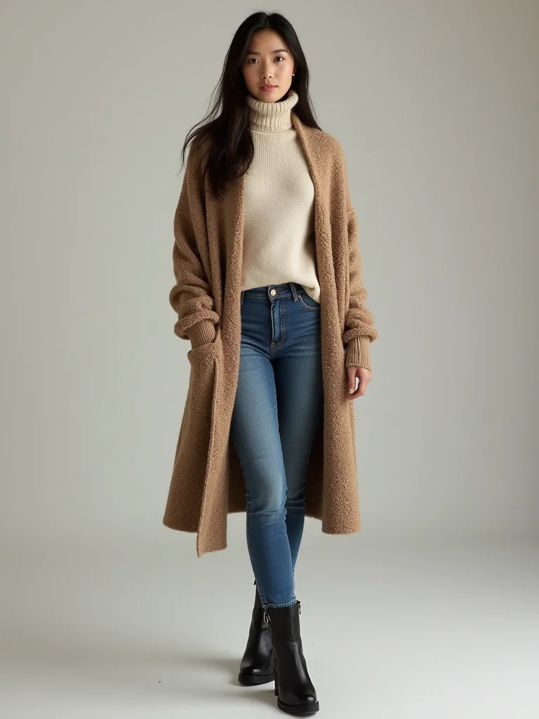 oversized cardigan over turtleneck