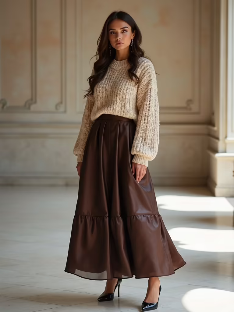 glossy satin meets chunky knit