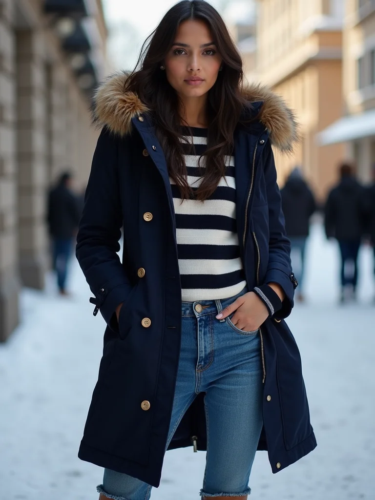 striped breton peeks beneath parka