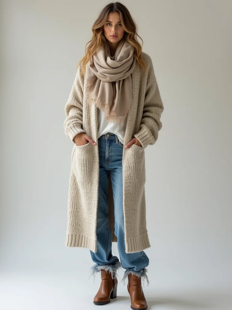 long cozy cardigan ensemble