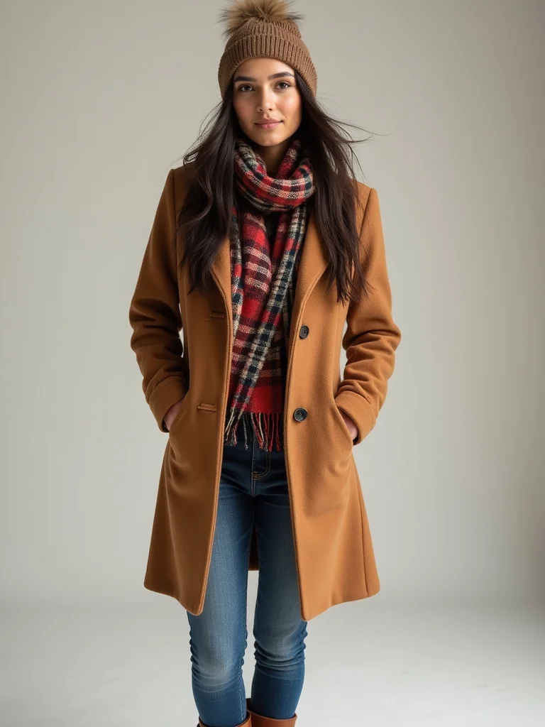 camel coat plaid scarf beanie