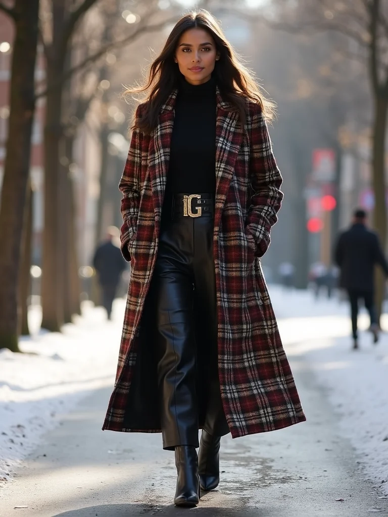 longline plaid coat belted