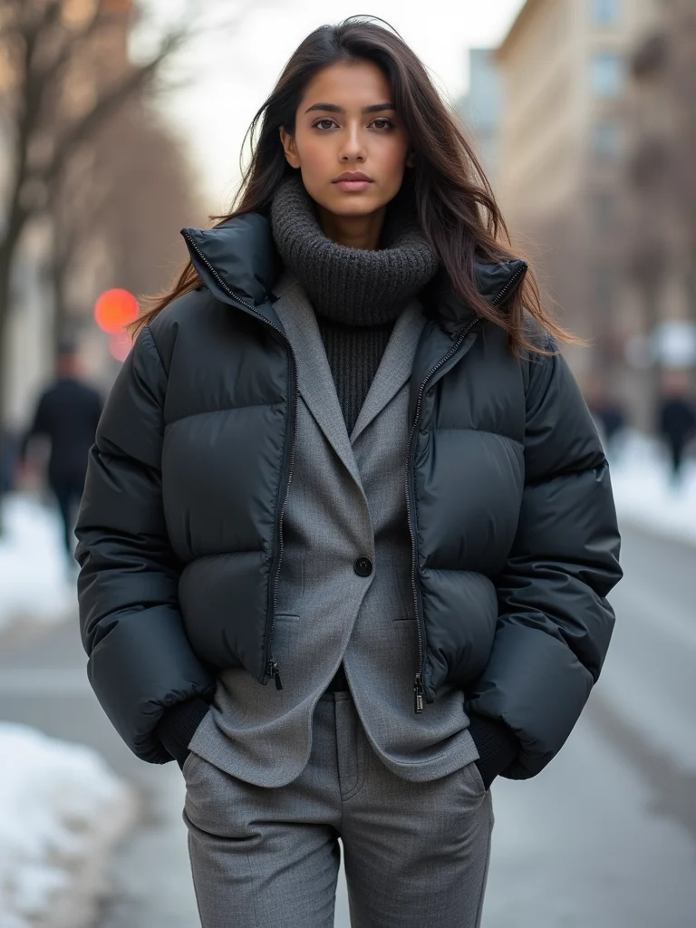 puffer over structured blazer