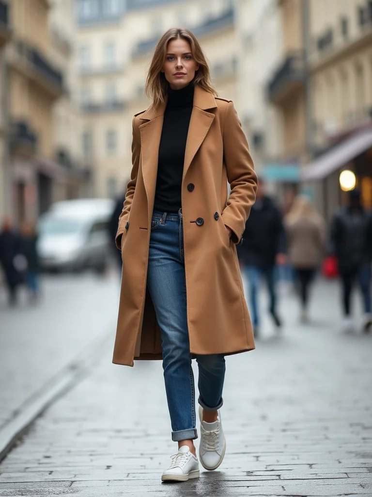 camel coat turtleneck sneakers