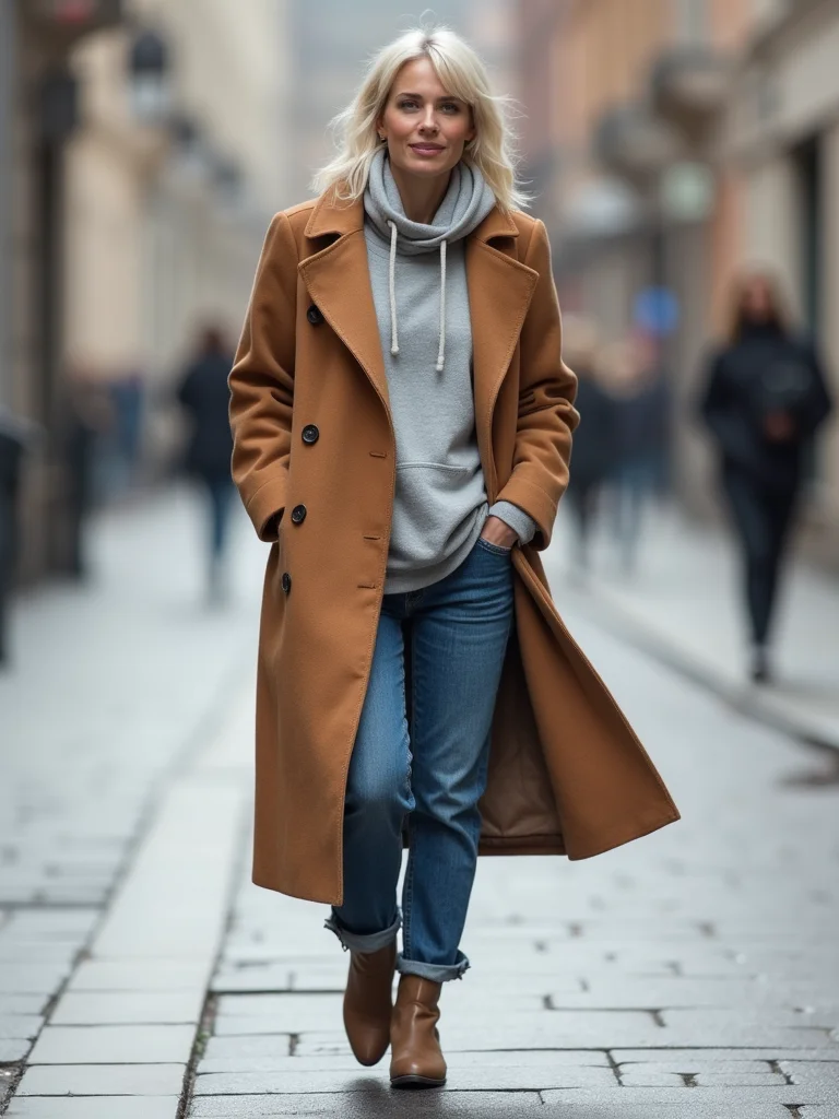 hoodie beneath tailored wool overcoat