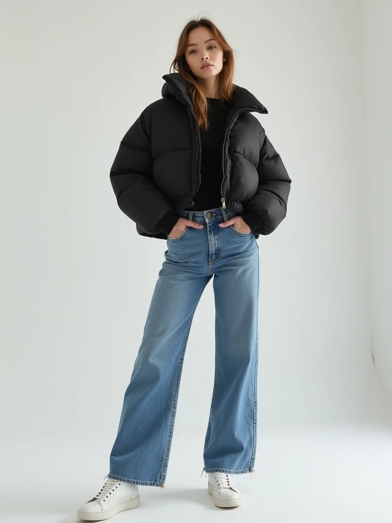 cropped puffer with jeans