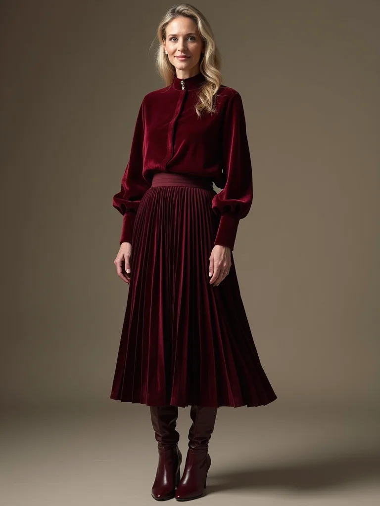 velvety blouse pleated midi