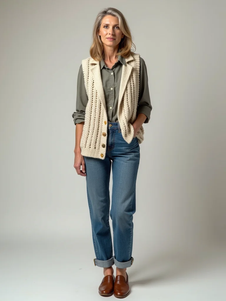 chunky vest button down jeans