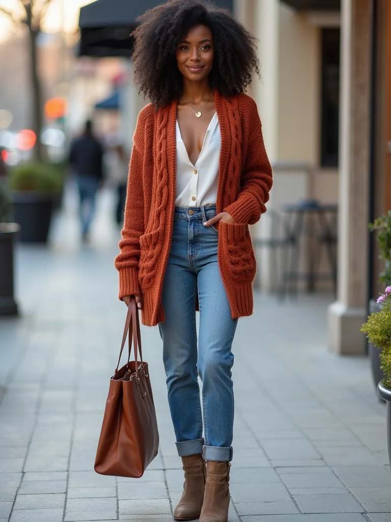 chunky cardigan with high waist jeans