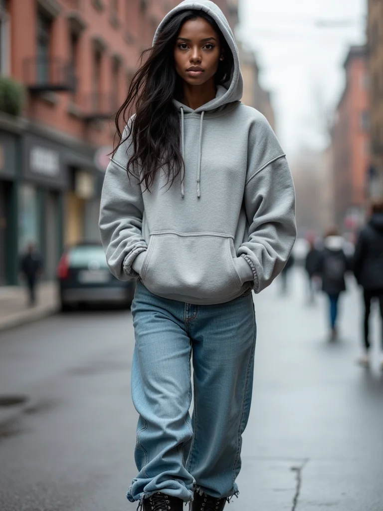 oversized hoodie baggy denim boots