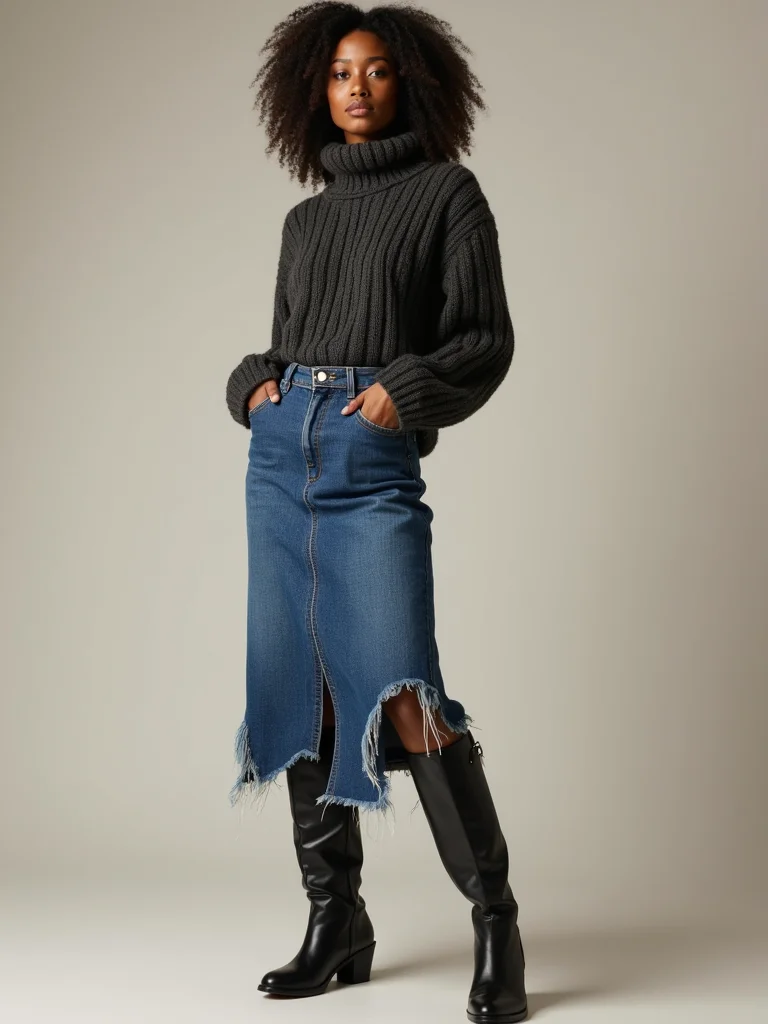 raw hem skirt leather boots