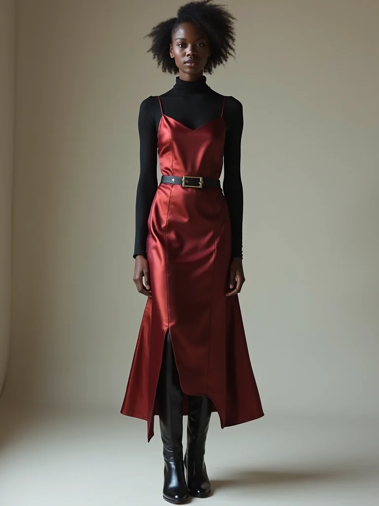 satin slip dress layered turtleneck