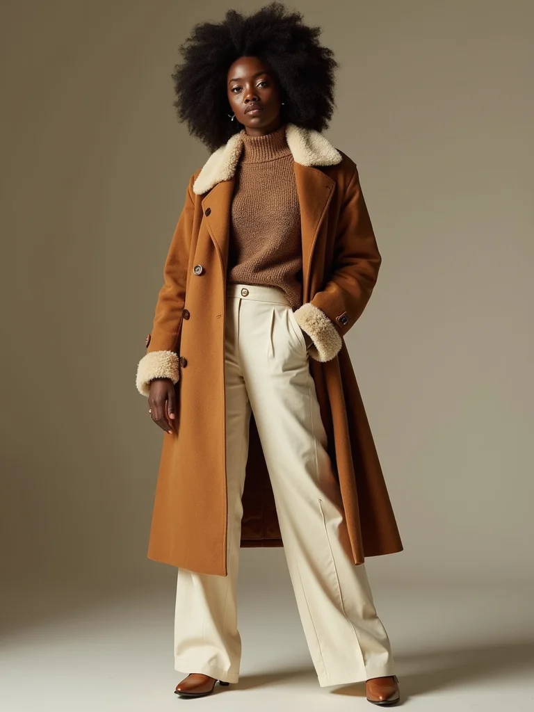shearling collar wide leg ensemble