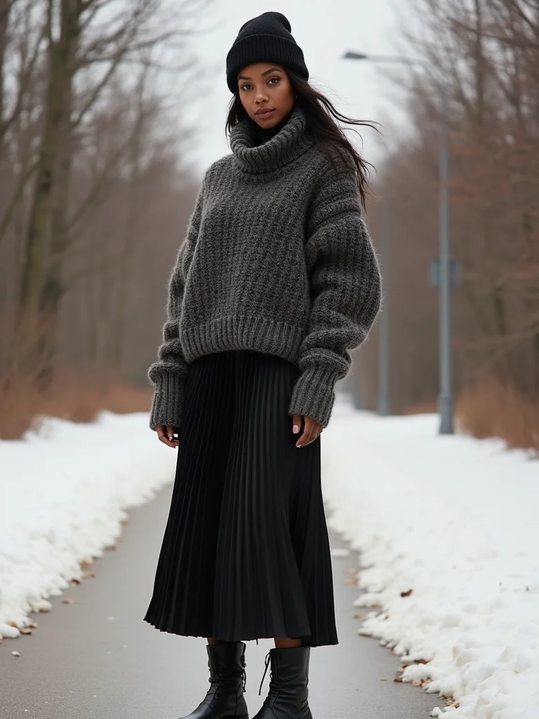 chunky sweater with pleated midi