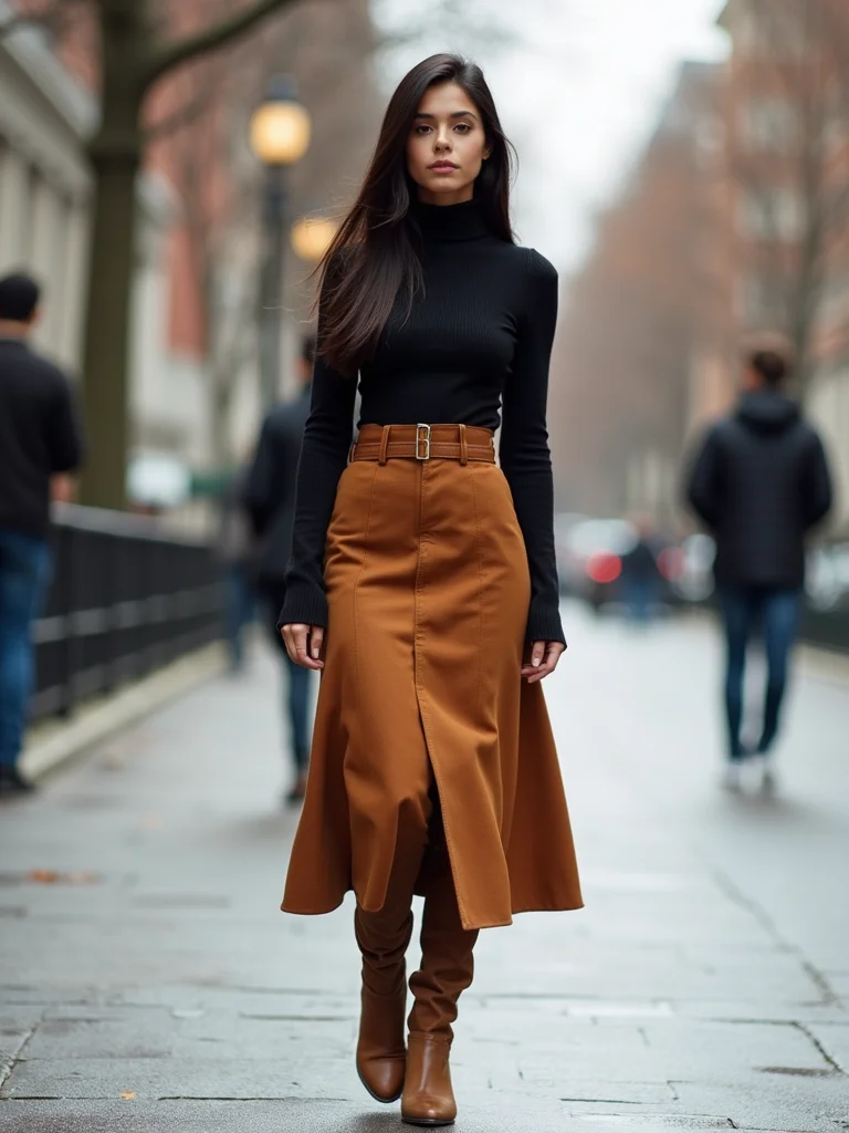 turtleneck tucked midi boots