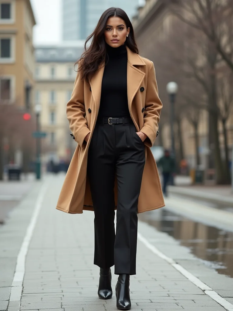 camel coat turtleneck boots