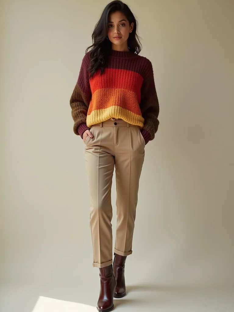bold sweater neutral tailored bottoms