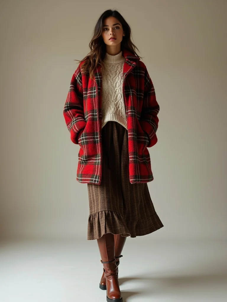 plaid cable knit midi skirts