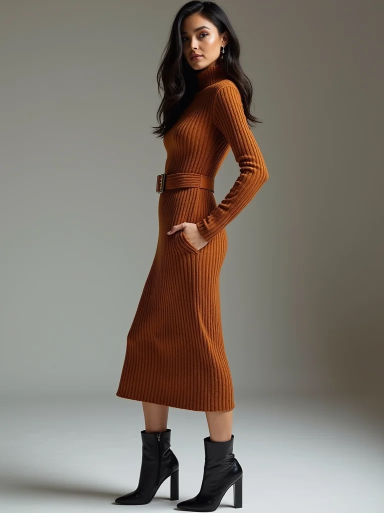 ribbed belted knit midi