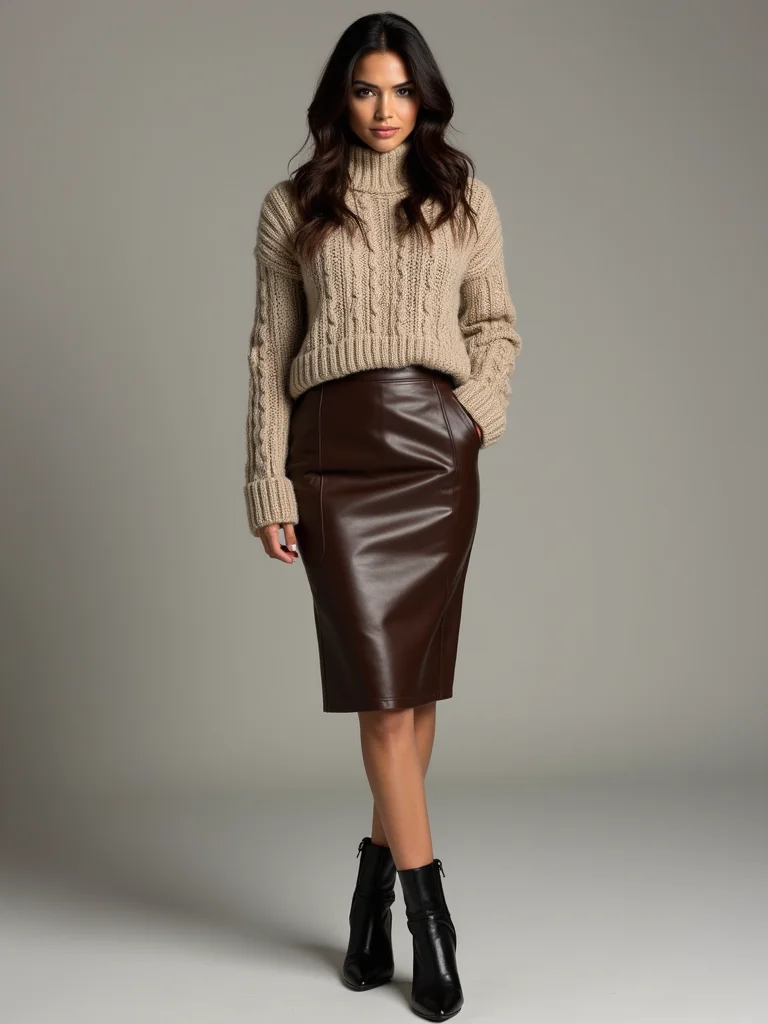 leather skirt meets chunky knit