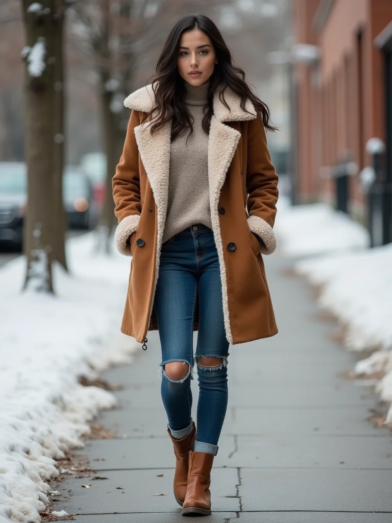 sherpa collar denim layered look