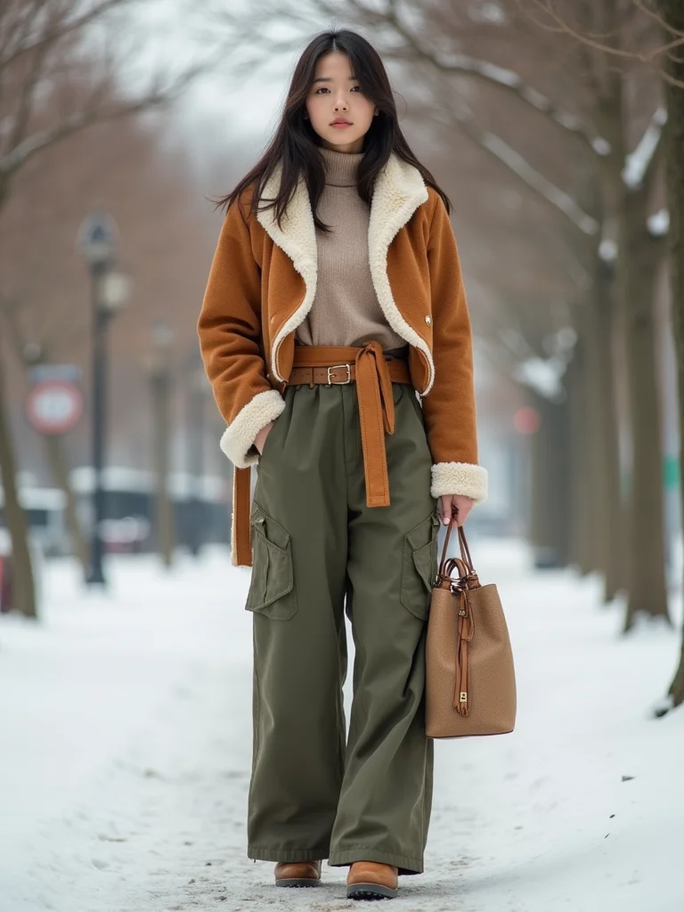 cropped sherpa belted wide leg
