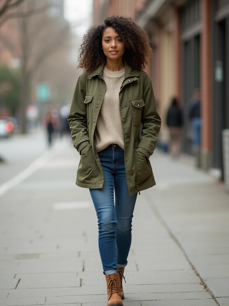 olive utility jacket neutral sweater