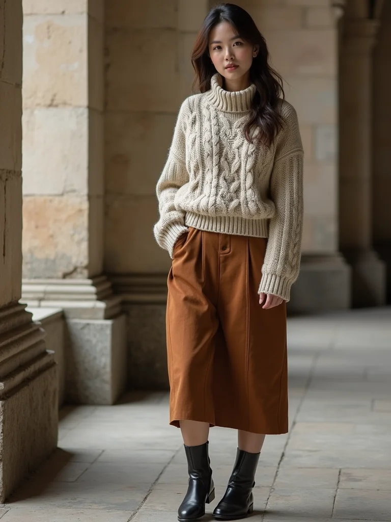 chunky knit with midi skirt