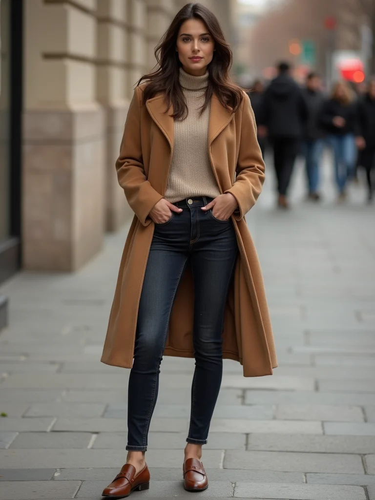 camel coat dark denim loafers
