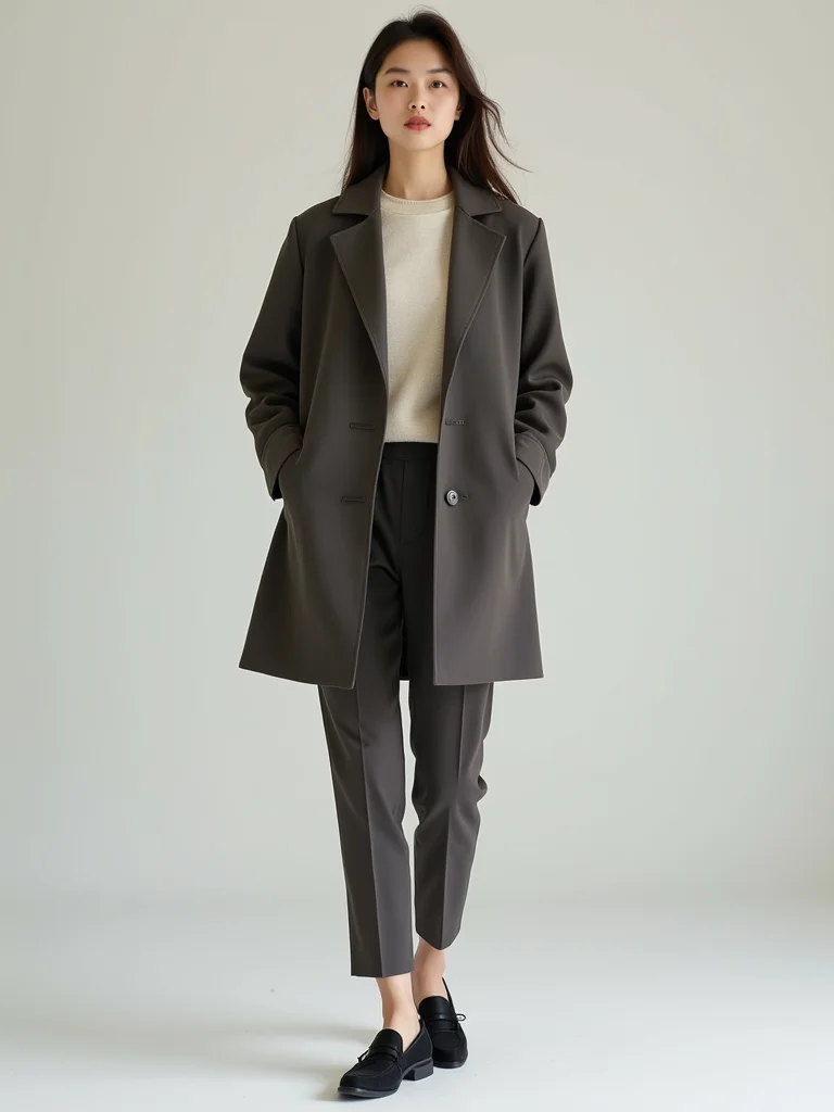 sleek coat slim trousers loafers